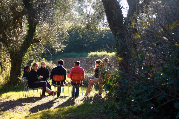 People sitting under a tree in the springtime